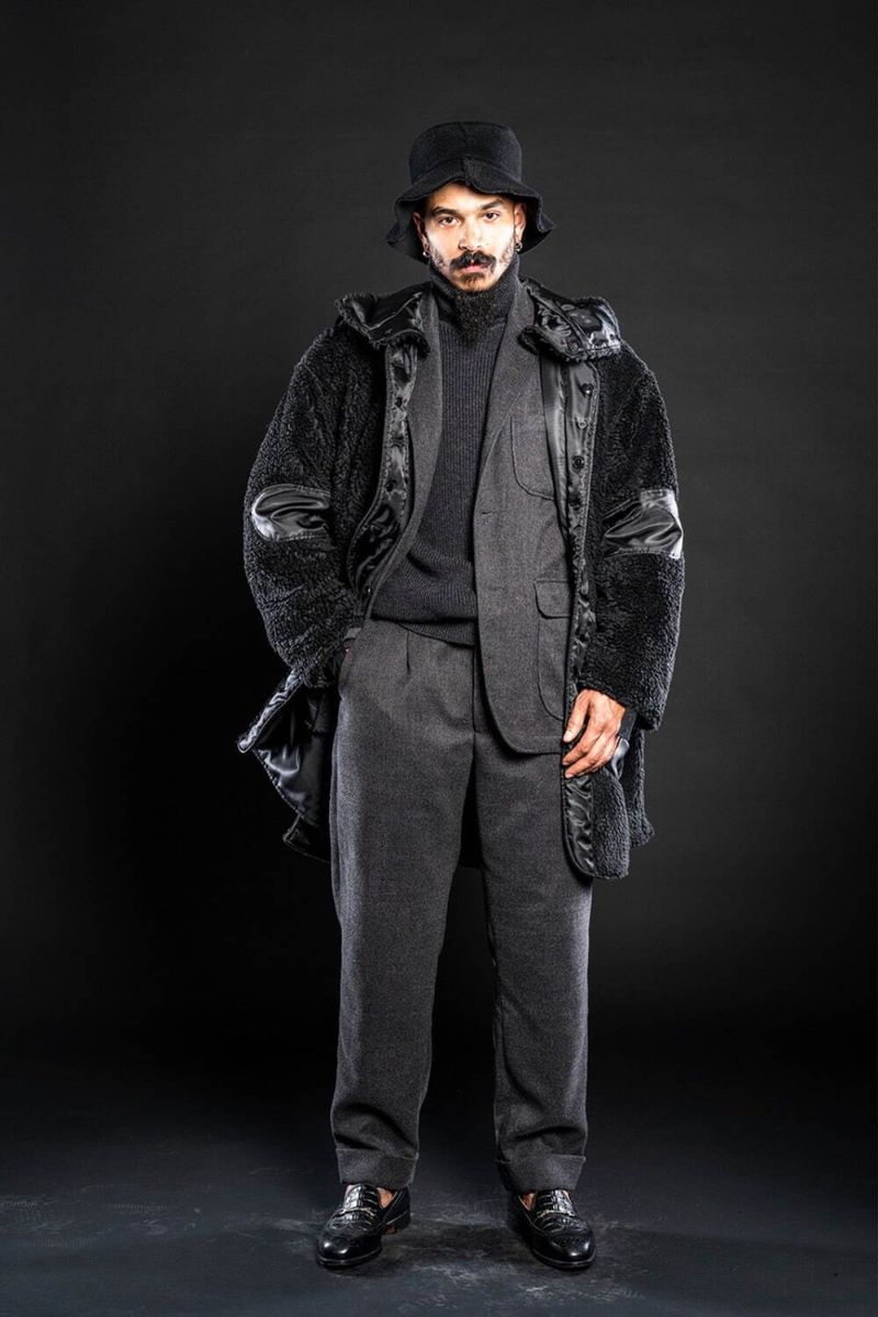 Black boa fleece and nylon panel liner coat