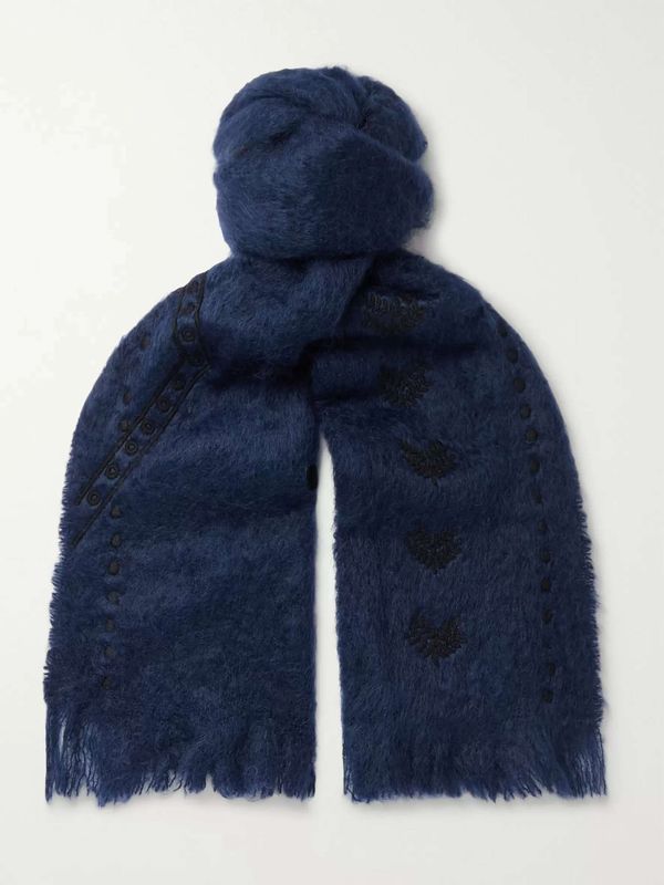 Navy Awamu Fringed Embroidered Mohair Scarf